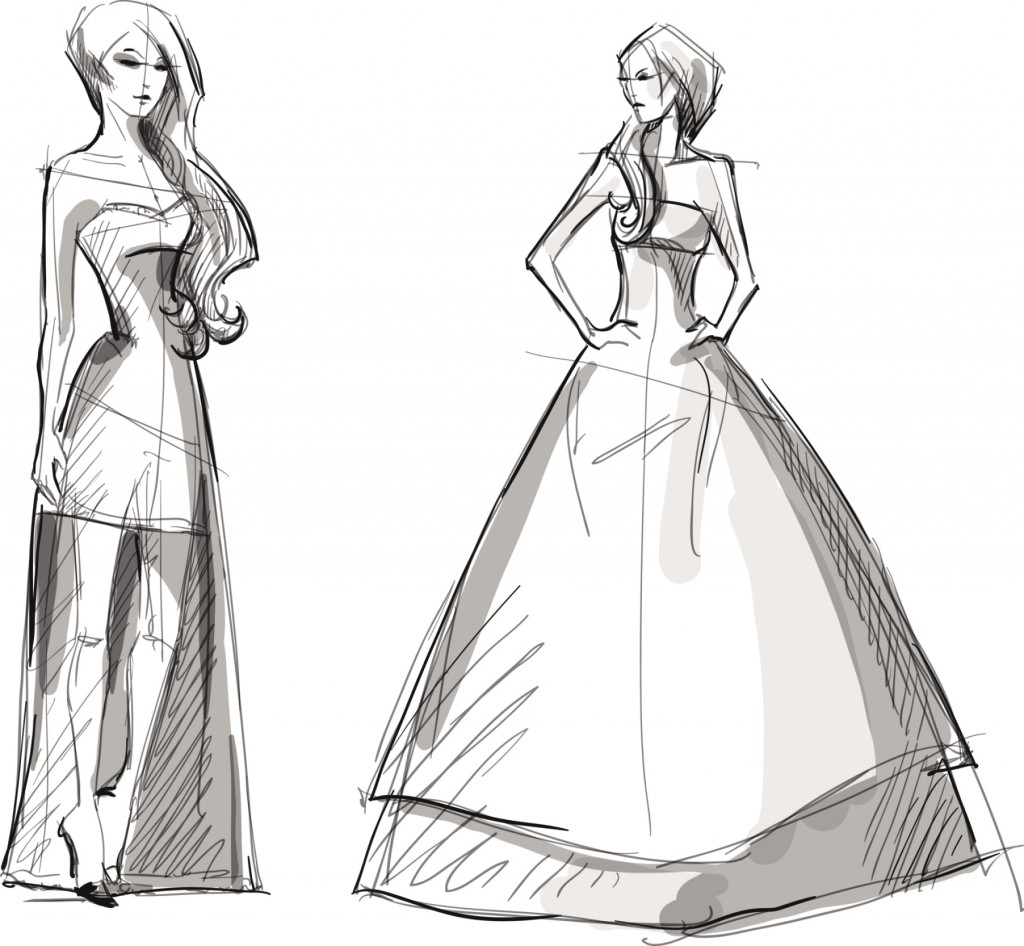 Fashion hand drawn illustration. Vector sketch. Long dress.